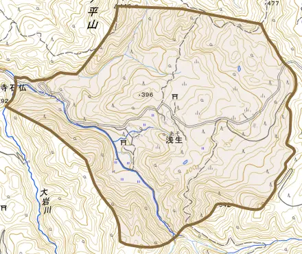 浅生とその周辺の地図。町の範囲を重ねている