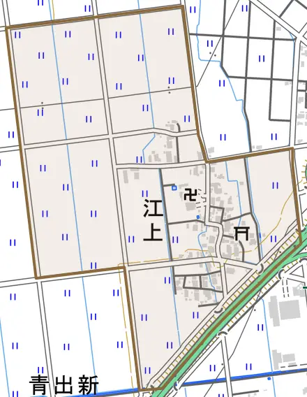 江上とその周辺の地図。町の範囲を重ねている