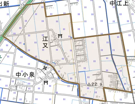 江又とその周辺の地図。町の範囲を重ねている
