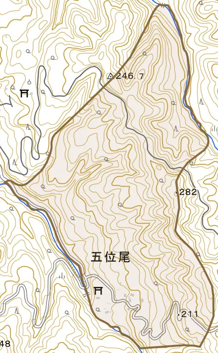 五位尾とその周辺の地図。町の範囲を重ねている