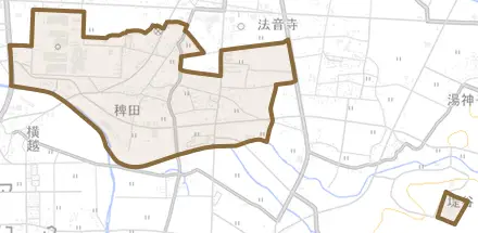稗田とその周辺の地図。町の範囲を重ねている