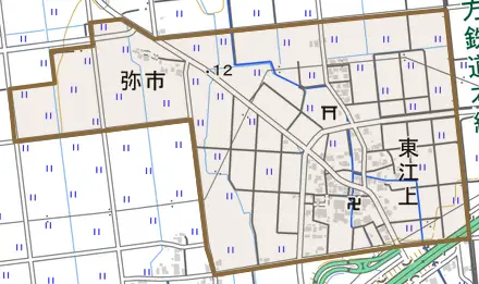 東江上とその周辺の地図。町の範囲を重ねている