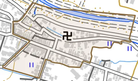 東町とその周辺の地図。町の範囲を重ねている