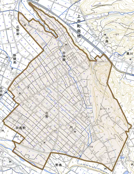 広野とその周辺の地図。町の範囲を重ねている