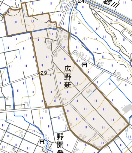 広野新とその周辺の地図。町の範囲を重ねている