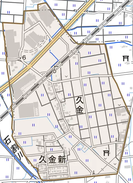 久金とその周辺の地図。町の範囲を重ねている
