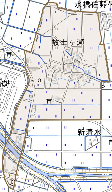 放士ケ瀬とその周辺の地図。町の範囲を重ねている