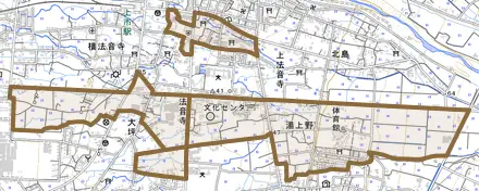 法音寺とその周辺の地図。町の範囲を重ねている