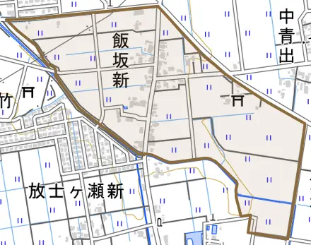 飯坂新とその周辺の地図。町の範囲を重ねている