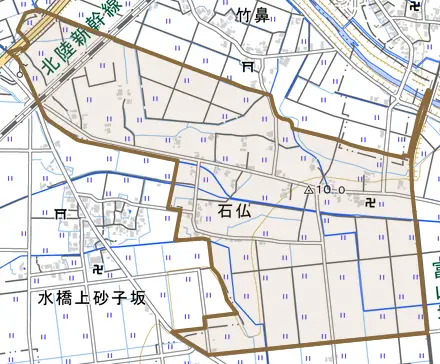 石仏とその周辺の地図。町の範囲を重ねている
