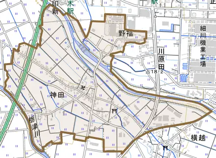 神田とその周辺の地図。町の範囲を重ねている