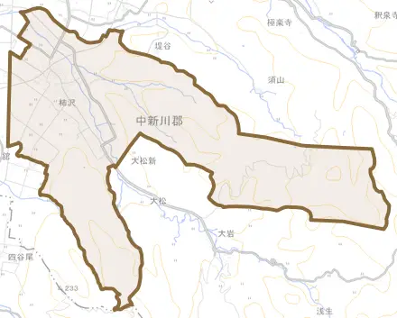柿沢とその周辺の地図。町の範囲を重ねている
