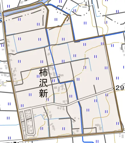 柿沢新とその周辺の地図。町の範囲を重ねている