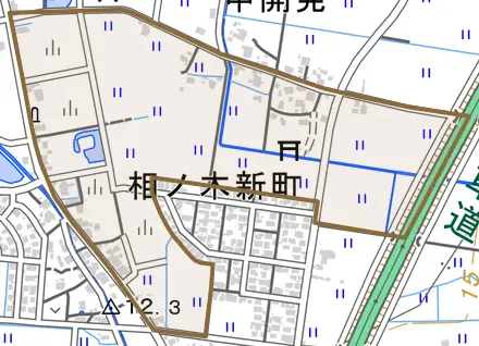 上荒又とその周辺の地図。町の範囲を重ねている