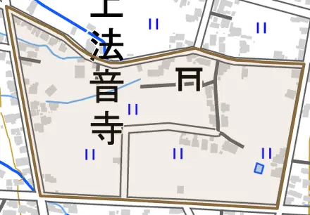 上法音寺とその周辺の地図。町の範囲を重ねている