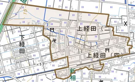 上経田とその周辺の地図。町の範囲を重ねている