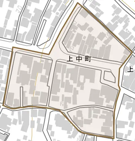 上中町とその周辺の地図。町の範囲を重ねている