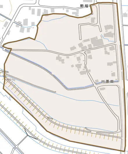 川原田とその周辺の地図。町の範囲を重ねている