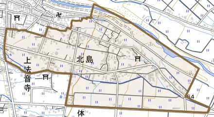北島とその周辺の地図。町の範囲を重ねている