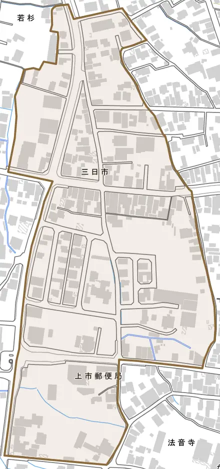 三日市とその周辺の地図。町の範囲を重ねている