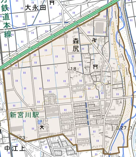 森尻とその周辺の地図。町の範囲を重ねている