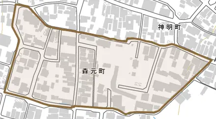 森元町とその周辺の地図。町の範囲を重ねている