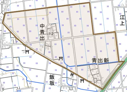 中青出とその周辺の地図。町の範囲を重ねている