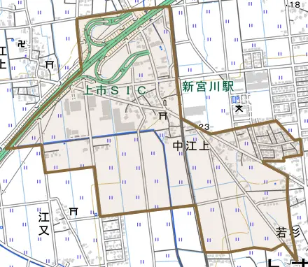 中江上とその周辺の地図。町の範囲を重ねている