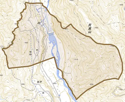 中村とその周辺の地図。町の範囲を重ねている