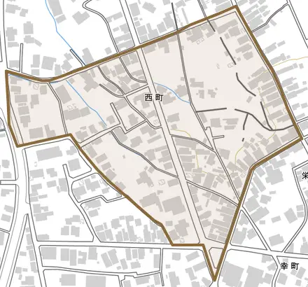西町とその周辺の地図。町の範囲を重ねている