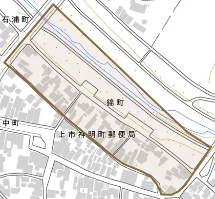 錦町とその周辺の地図。町の範囲を重ねている