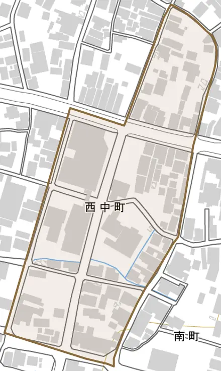 西中町とその周辺の地図。町の範囲を重ねている