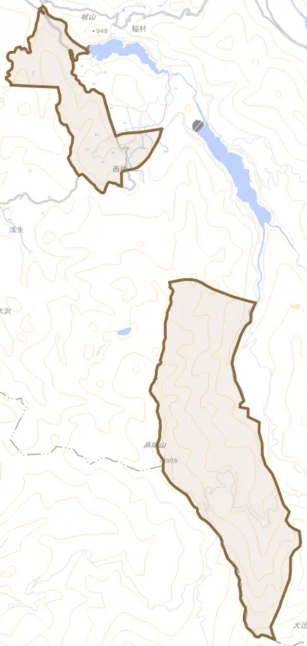 西種とその周辺の地図。町の範囲を重ねている