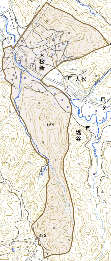 大松新とその周辺の地図。町の範囲を重ねている