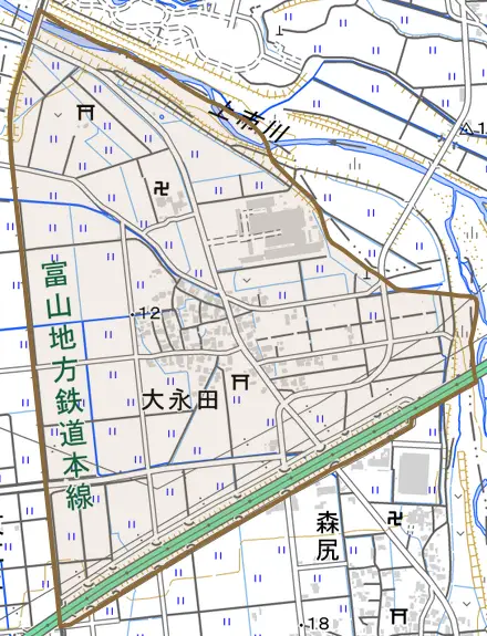 大永田とその周辺の地図。町の範囲を重ねている