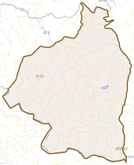 大沢とその周辺の地図。町の範囲を重ねている
