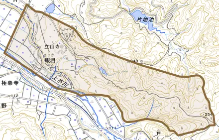眼目とその周辺の地図。町の範囲を重ねている