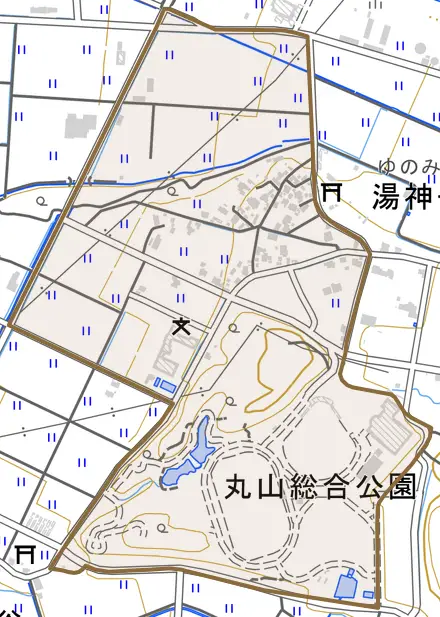 眼目新とその周辺の地図。町の範囲を重ねている