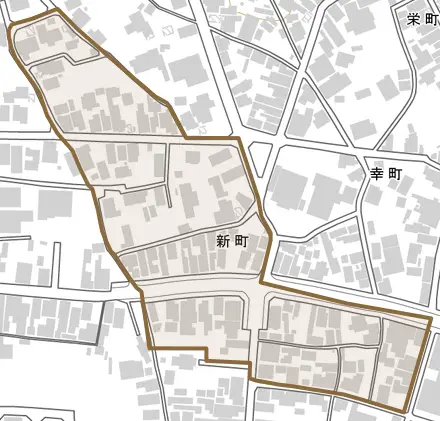 新町とその周辺の地図。町の範囲を重ねている