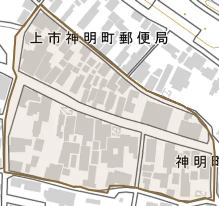 神明町とその周辺の地図。町の範囲を重ねている