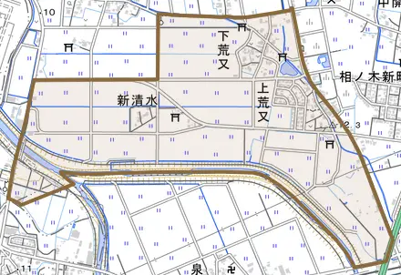 下荒又とその周辺の地図。町の範囲を重ねている