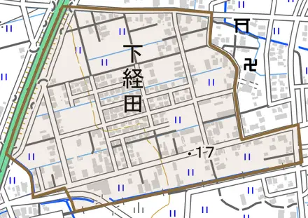 下経田とその周辺の地図。町の範囲を重ねている