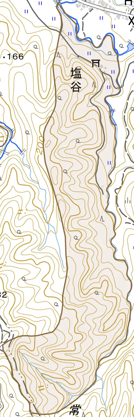 塩谷とその周辺の地図。町の範囲を重ねている