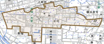 正印とその周辺の地図。町の範囲を重ねている