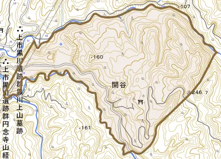 開谷とその周辺の地図。町の範囲を重ねている