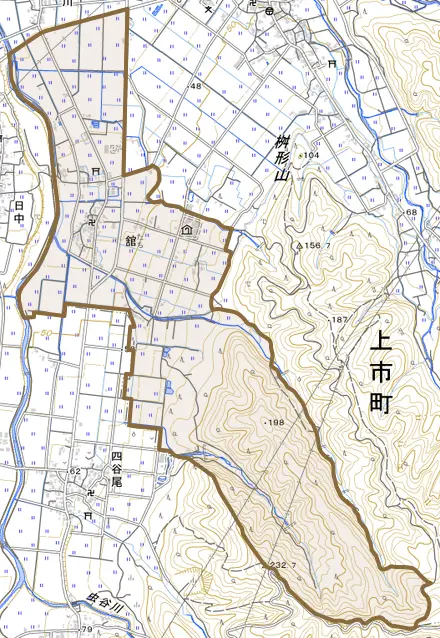 舘とその周辺の地図。町の範囲を重ねている