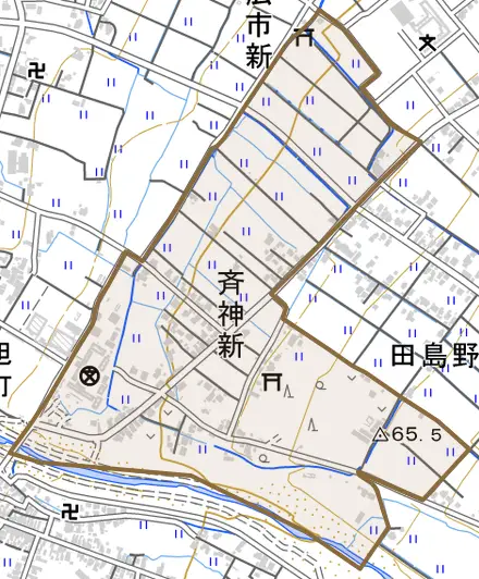 田島野とその周辺の地図。町の範囲を重ねている