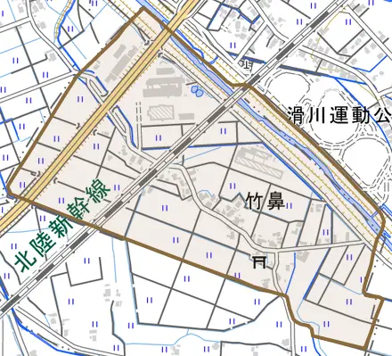 竹鼻とその周辺の地図。町の範囲を重ねている