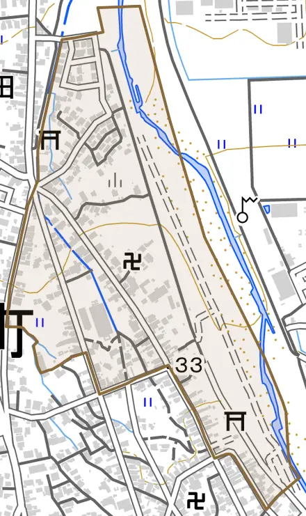 天神町とその周辺の地図。町の範囲を重ねている