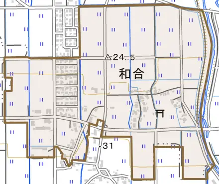 和合とその周辺の地図。町の範囲を重ねている